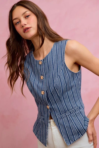 SO ME Stripe Slim Fit Button Front Denim Vest Top - Bitsy Gypsy Boutique
