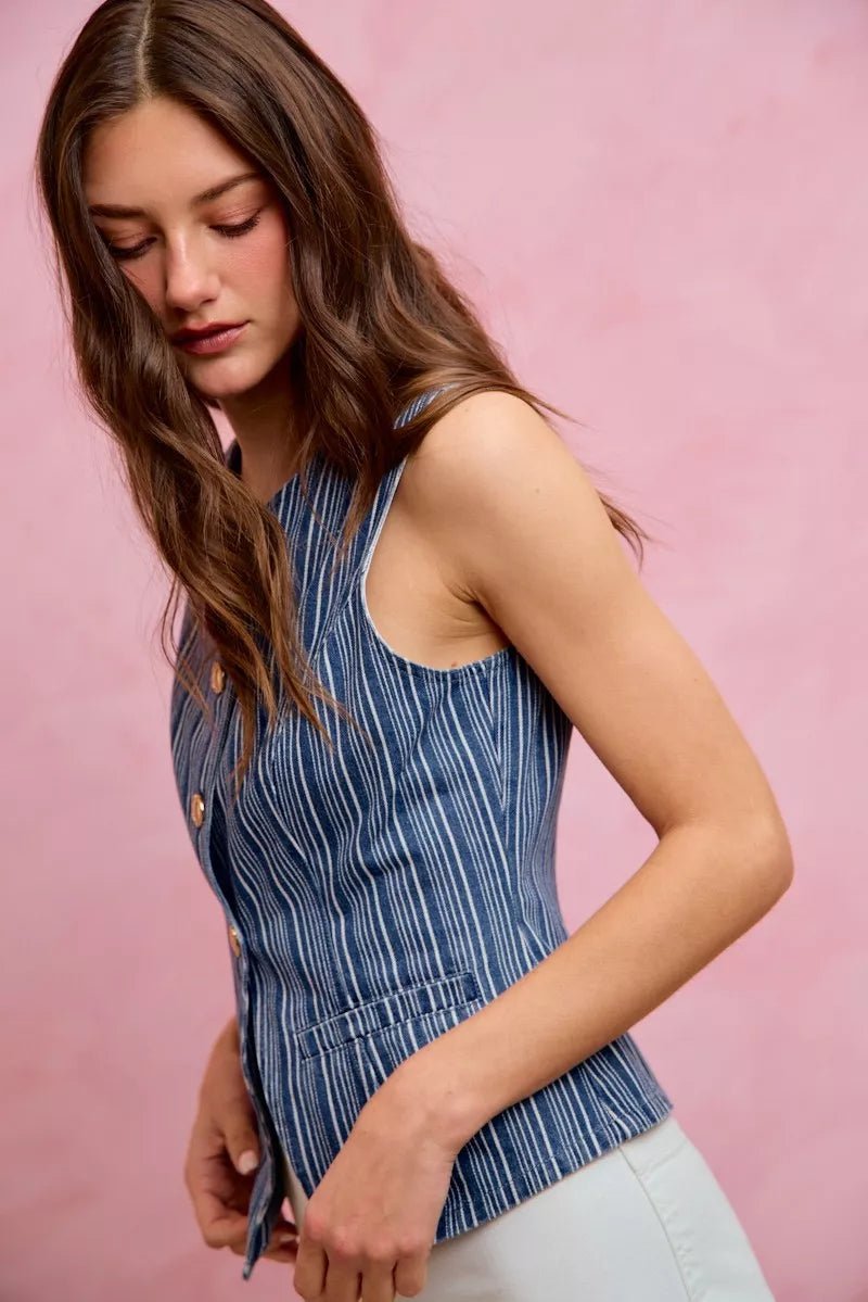 SO ME Stripe Slim Fit Button Front Denim Vest Top - Bitsy Gypsy Boutique