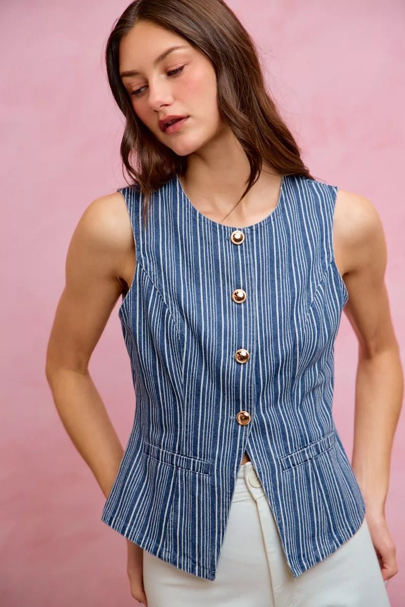 SO ME Stripe Slim Fit Button Front Denim Vest Top - Bitsy Gypsy Boutique