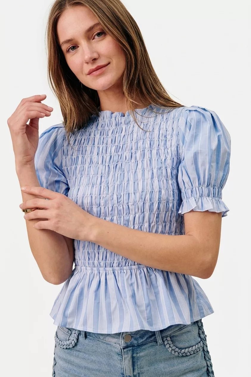 SO ME Stripe Smocked Bodice Puff Sleeves Blouse Top - Bitsy Gypsy Boutique