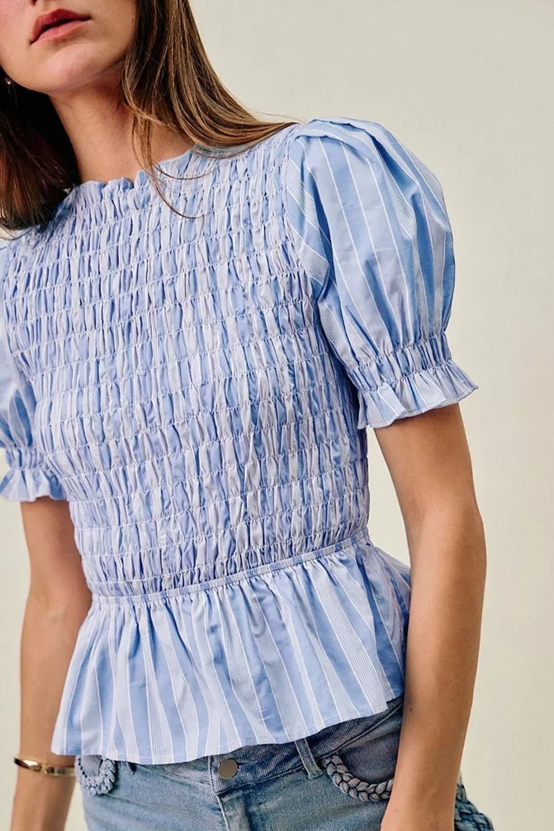SO ME Stripe Smocked Bodice Puff Sleeves Blouse Top - Bitsy Gypsy Boutique