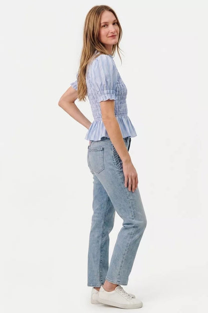 SO ME Stripe Smocked Bodice Puff Sleeves Blouse Top - Bitsy Gypsy Boutique