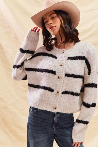 SO ME Stripe Soft Touch Button Cozy Sweater Cardigan - Bitsy Gypsy Boutique