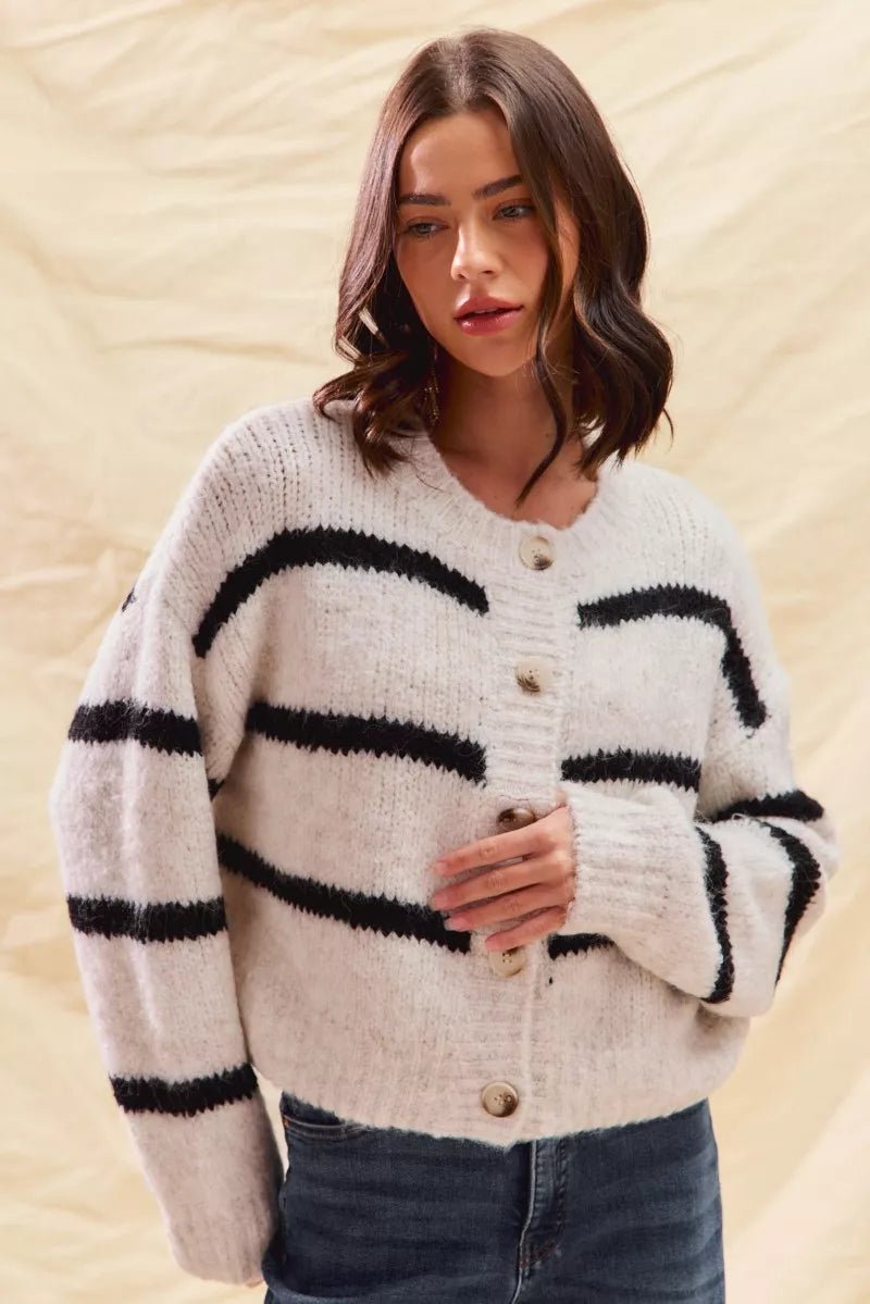 SO ME Stripe Soft Touch Button Cozy Sweater Cardigan - Bitsy Gypsy Boutique