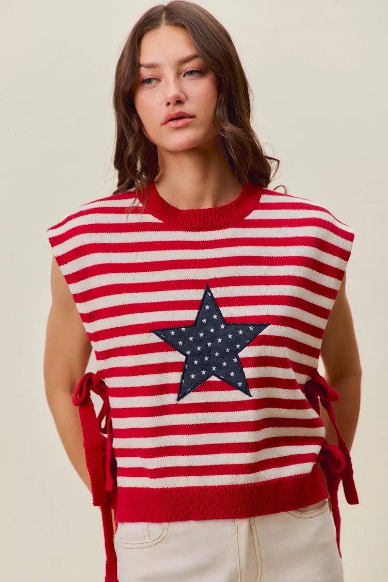 SO ME Stripe Star Patch 4th Of July Side Tie Vest Top - Bitsy Gypsy Boutique