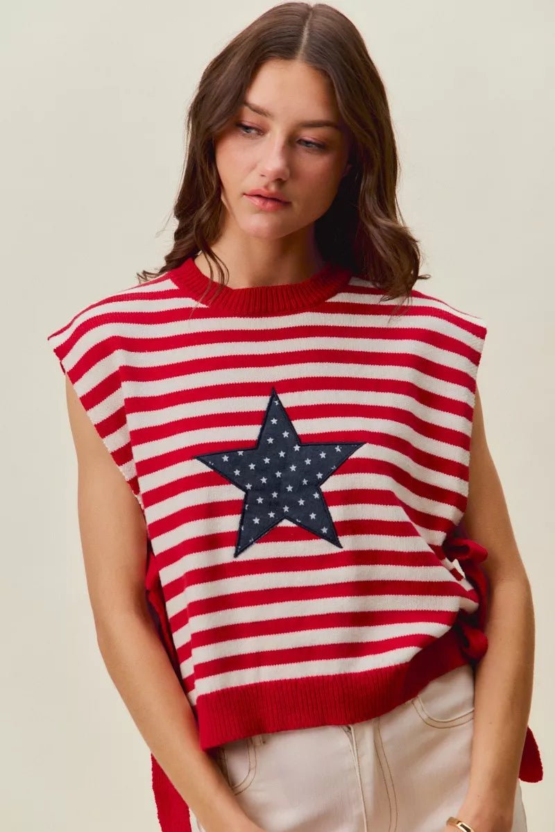 SO ME Stripe Star Patch 4th Of July Side Tie Vest Top - Bitsy Gypsy Boutique