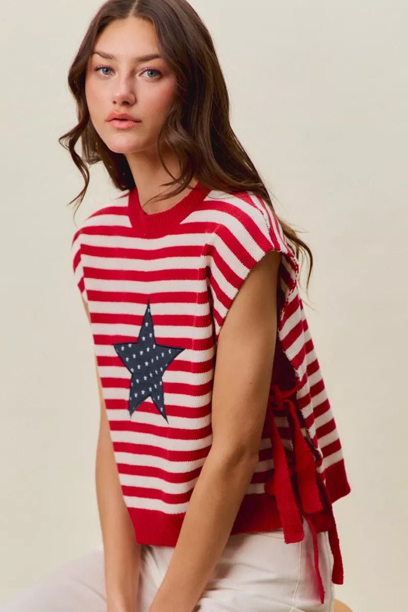 SO ME Stripe Star Patch 4th Of July Side Tie Vest Top - Bitsy Gypsy Boutique