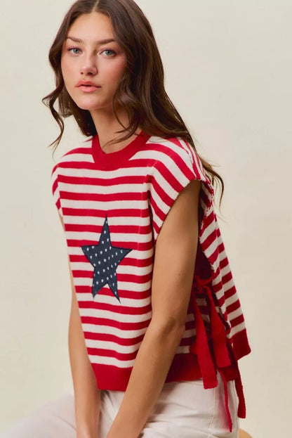 SO ME Stripe Star Patch 4th Of July Side Tie Vest Top - Bitsy Gypsy Boutique