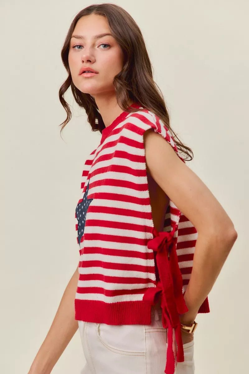 SO ME Stripe Star Patch 4th Of July Side Tie Vest Top - Bitsy Gypsy Boutique