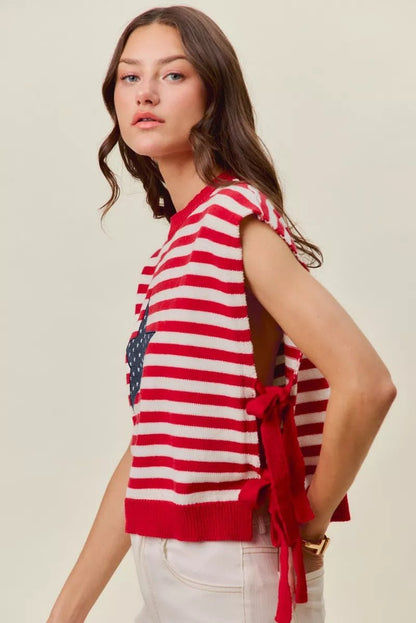 SO ME Stripe Star Patch 4th Of July Side Tie Vest Top - Bitsy Gypsy Boutique