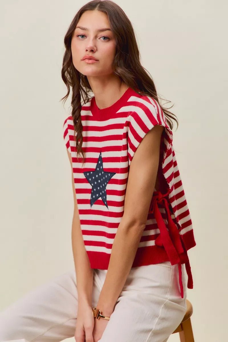 SO ME Stripe Star Patch 4th Of July Side Tie Vest Top - Bitsy Gypsy Boutique