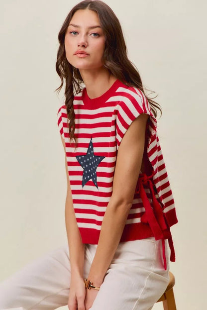 SO ME Stripe Star Patch 4th Of July Side Tie Vest Top - Bitsy Gypsy Boutique