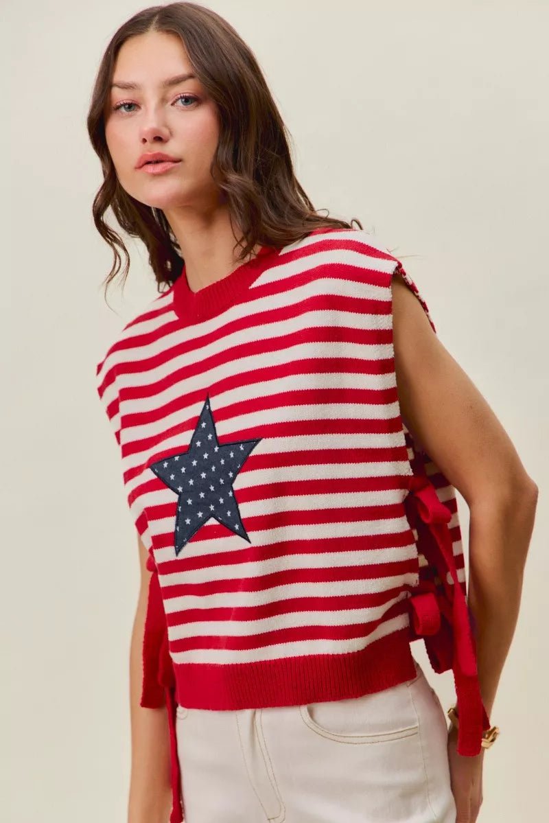 SO ME Stripe Star Patch 4th Of July Side Tie Vest Top - Bitsy Gypsy Boutique