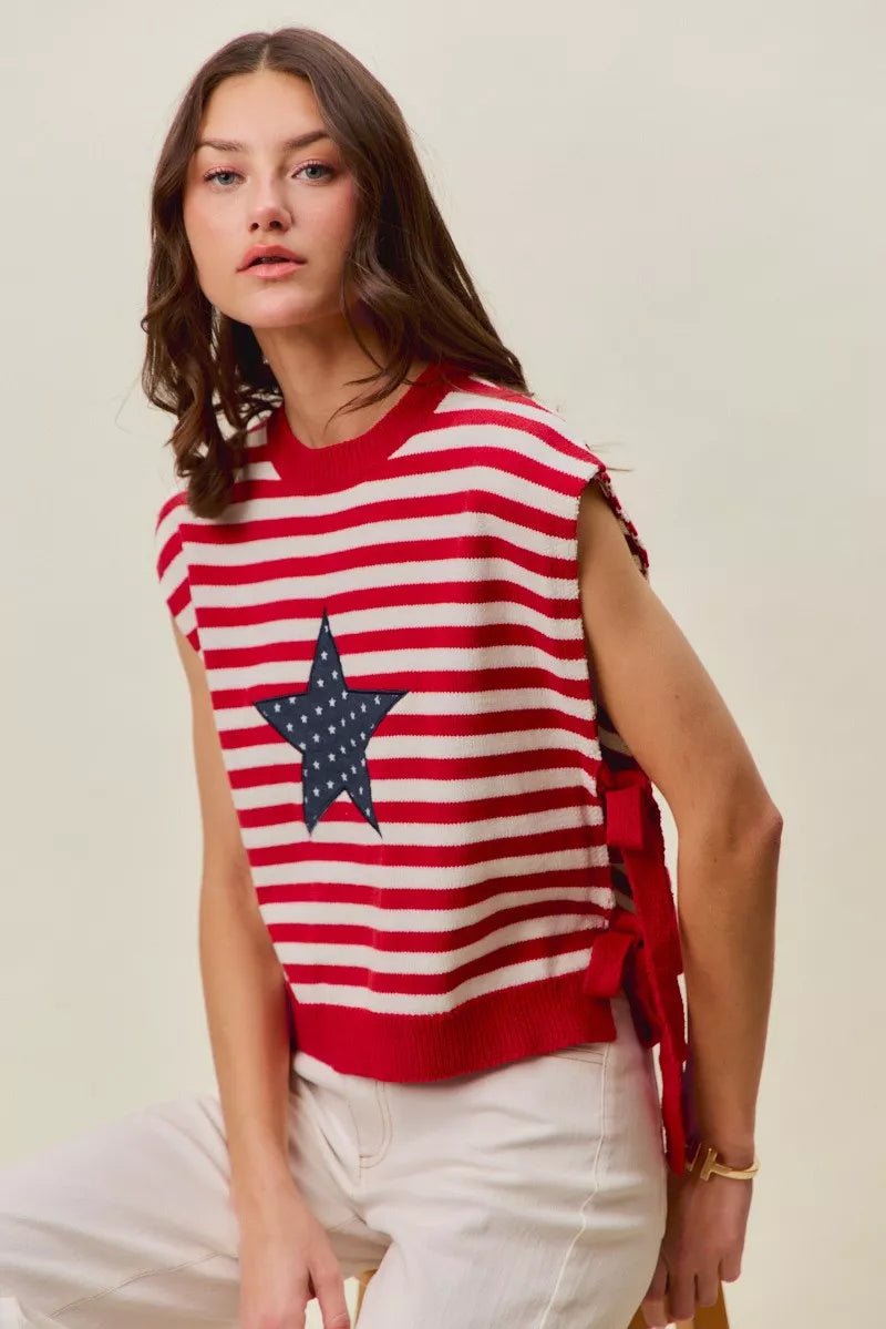 SO ME Stripe Star Patch 4th Of July Side Tie Vest Top - Bitsy Gypsy Boutique