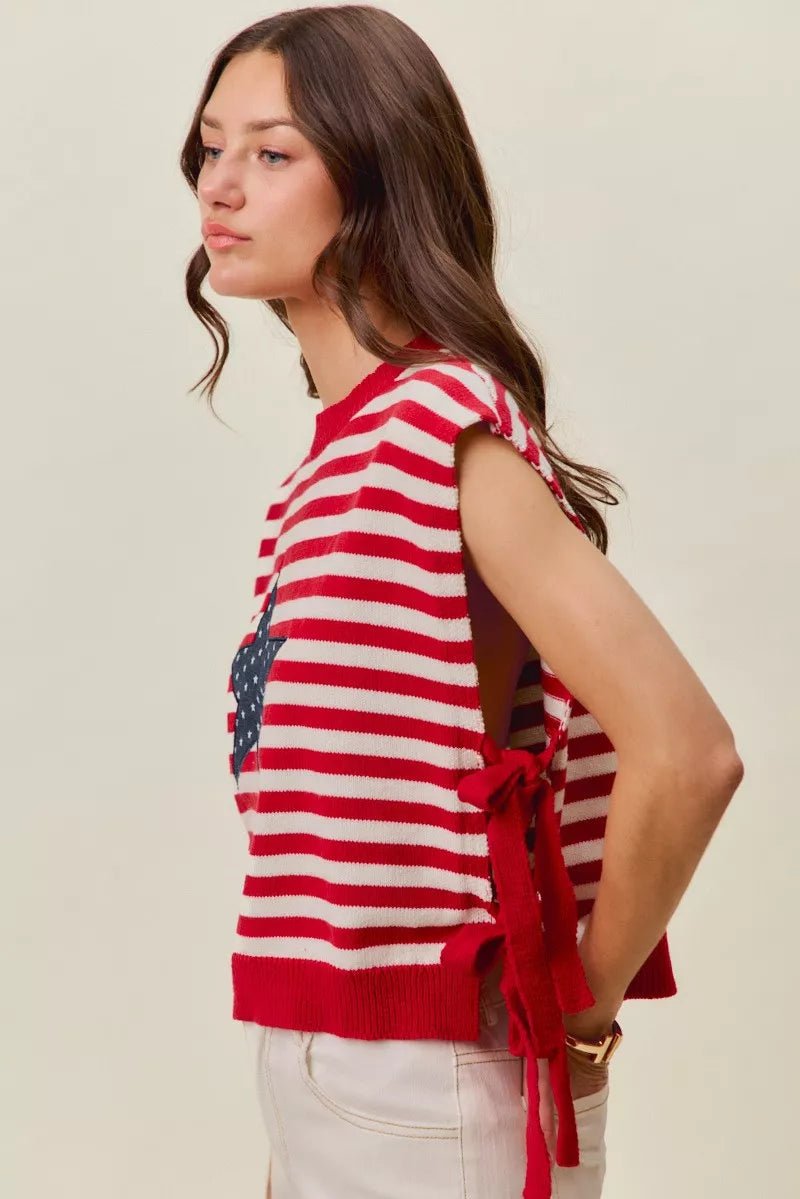 SO ME Stripe Star Patch 4th Of July Side Tie Vest Top - Bitsy Gypsy Boutique