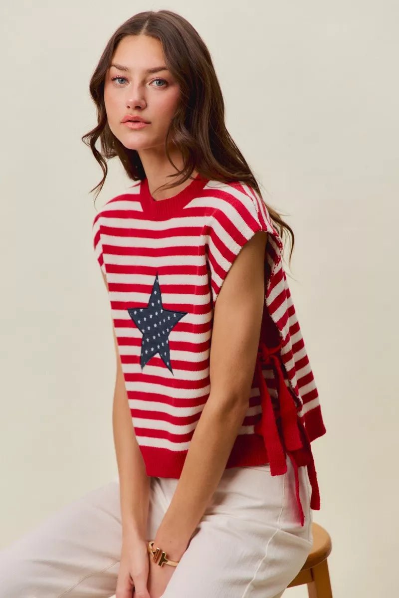 SO ME Stripe Star Patch 4th Of July Side Tie Vest Top - Bitsy Gypsy Boutique