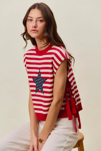 SO ME Stripe Star Patch 4th Of July Side Tie Vest Top - Bitsy Gypsy Boutique