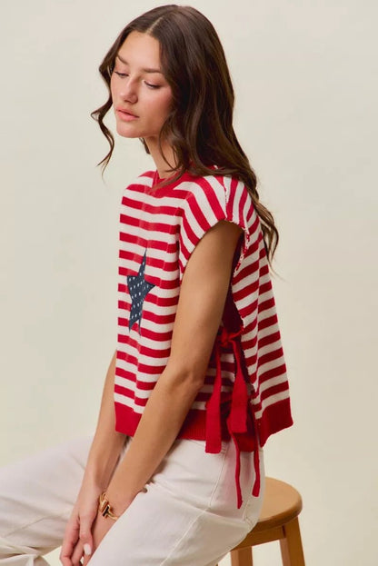 SO ME Stripe Star Patch 4th Of July Side Tie Vest Top - Bitsy Gypsy Boutique