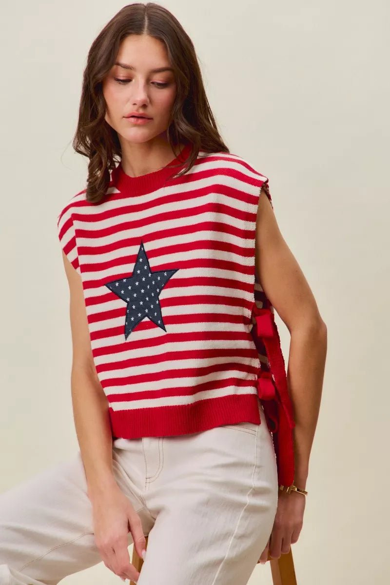 SO ME Stripe Star Patch 4th Of July Side Tie Vest Top - Bitsy Gypsy Boutique