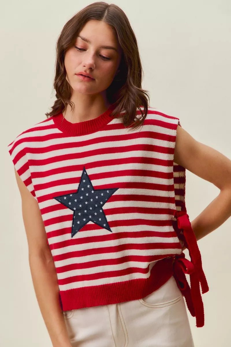 SO ME Stripe Star Patch 4th Of July Side Tie Vest Top - Bitsy Gypsy Boutique