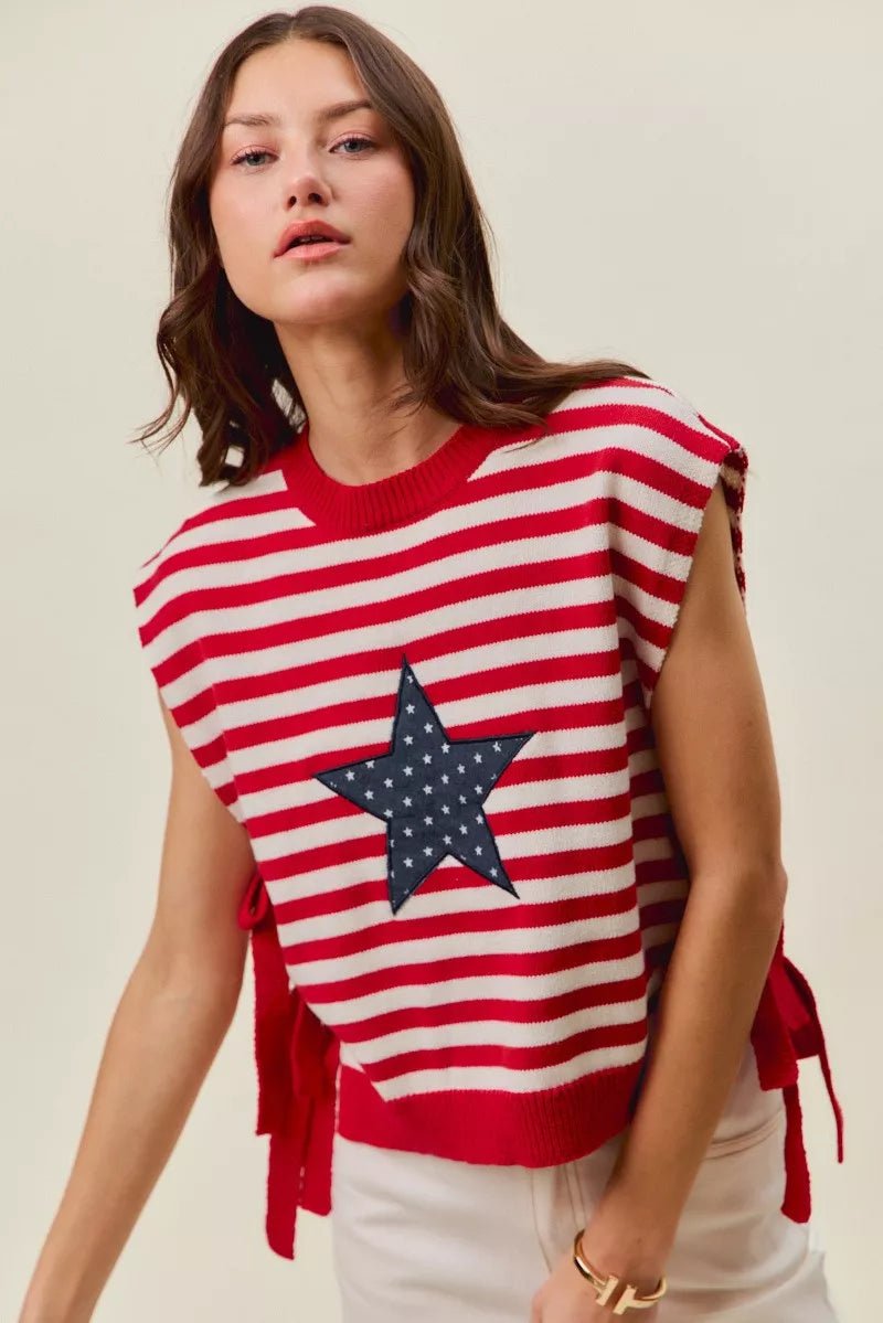 SO ME Stripe Star Patch 4th Of July Side Tie Vest Top - Bitsy Gypsy Boutique