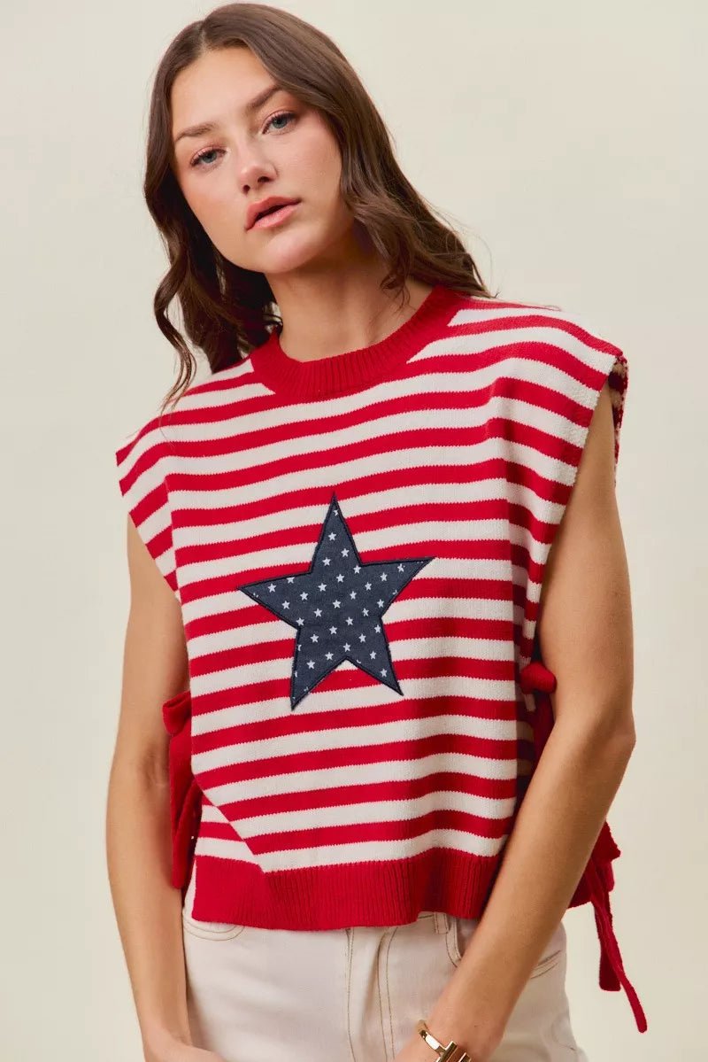 SO ME Stripe Star Patch 4th Of July Side Tie Vest Top - Bitsy Gypsy Boutique