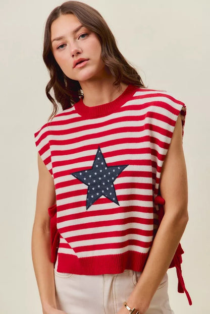 SO ME Stripe Star Patch 4th Of July Side Tie Vest Top - Bitsy Gypsy Boutique