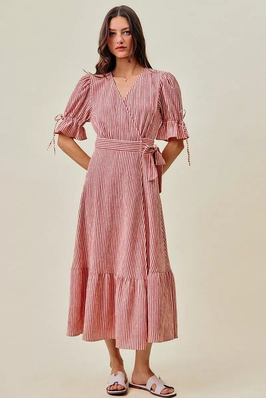 SO ME Stripe Textured Short Sleeves Lined Wrap Midi Dres - Bitsy Gypsy Boutique