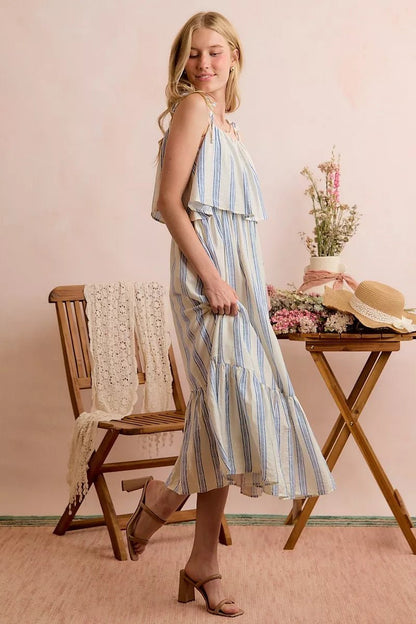 SO ME Stripe Tiered Shoulder Tie Midi Lined Dress - Bitsy Gypsy Boutique