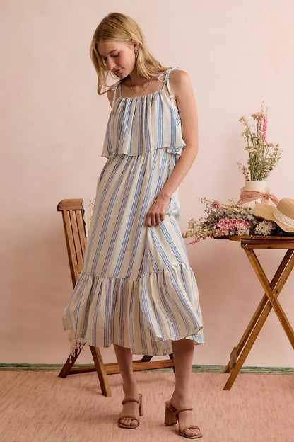SO ME Stripe Tiered Shoulder Tie Midi Lined Dress - Bitsy Gypsy Boutique