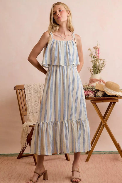 SO ME Stripe Tiered Shoulder Tie Midi Lined Dress - Bitsy Gypsy Boutique