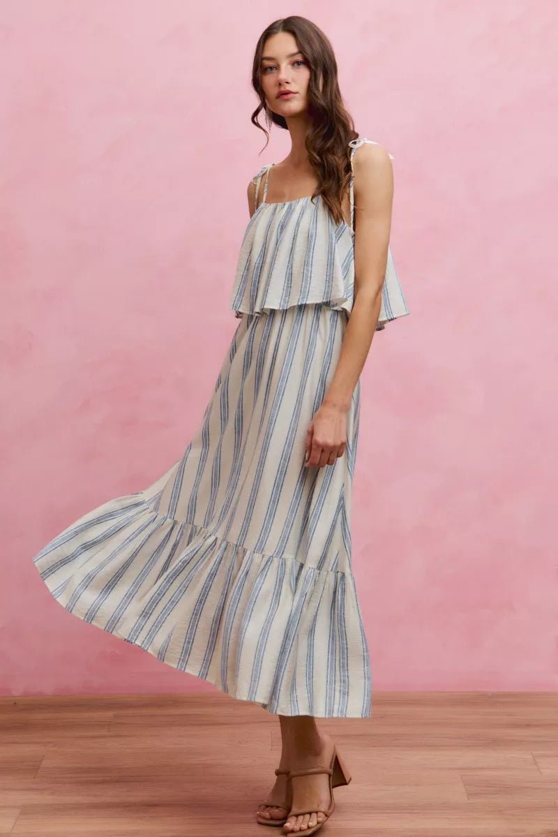 SO ME Stripe Tiered Shoulder Tie Midi Lined Dress - Bitsy Gypsy Boutique