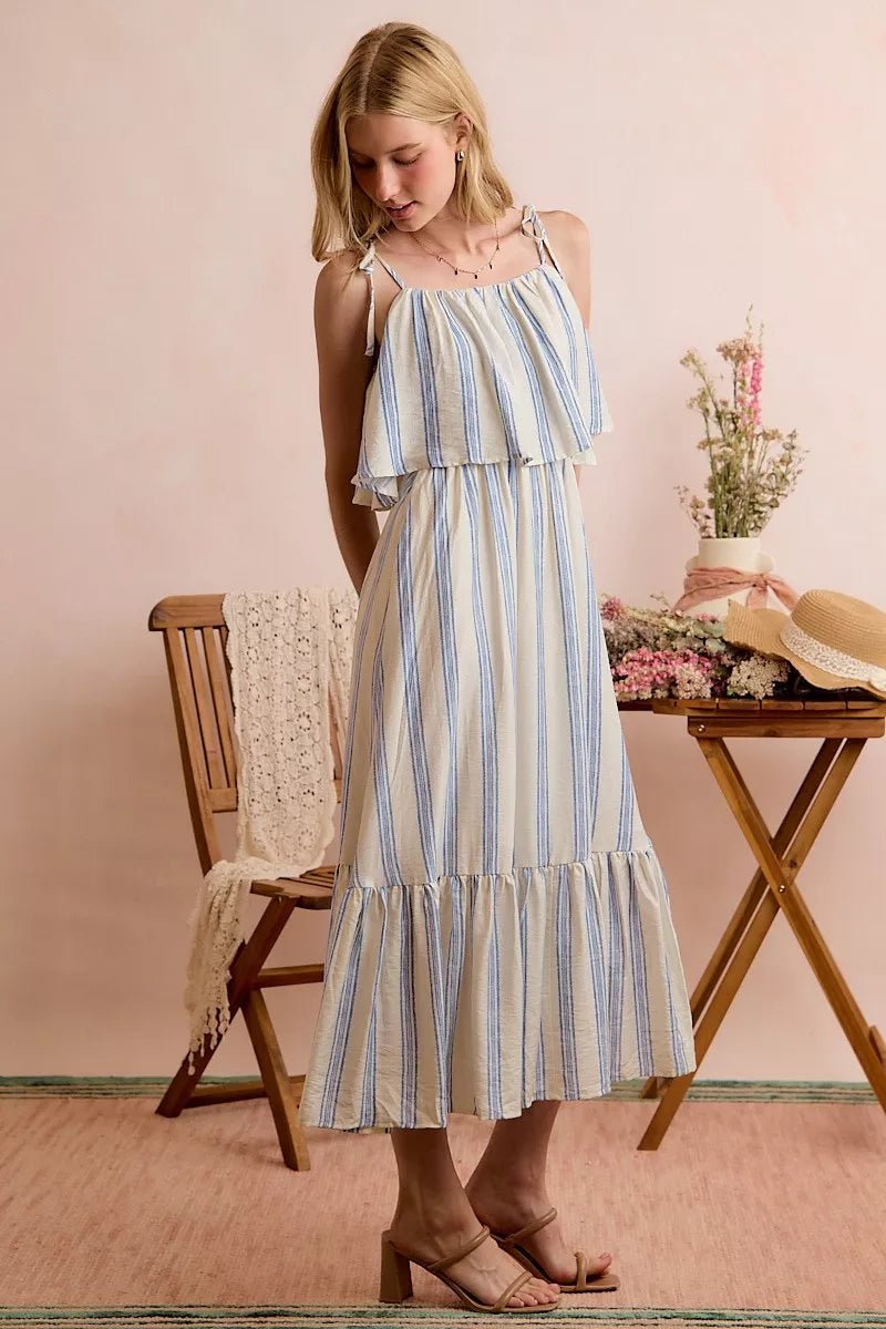 SO ME Stripe Tiered Shoulder Tie Midi Lined Dress - Bitsy Gypsy Boutique