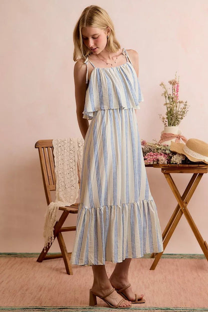 SO ME Stripe Tiered Shoulder Tie Midi Lined Dress - Bitsy Gypsy Boutique