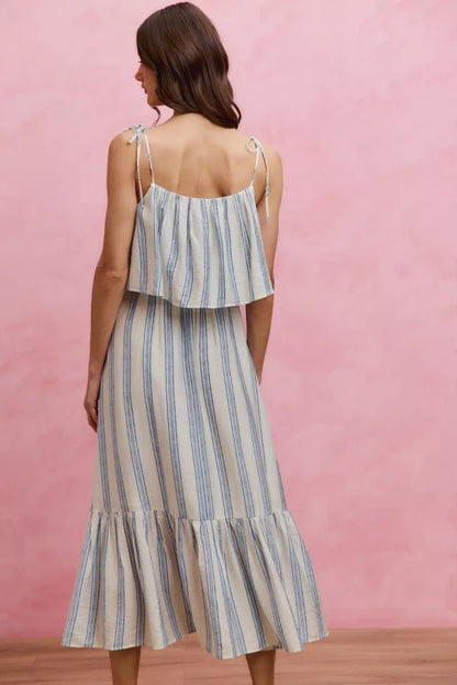 SO ME Stripe Tiered Shoulder Tie Midi Lined Dress - Bitsy Gypsy Boutique