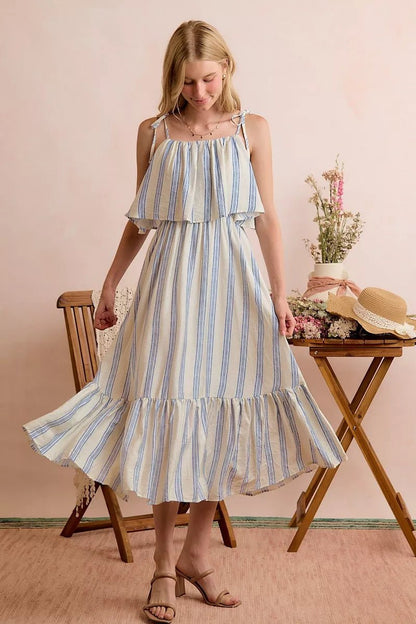 SO ME Stripe Tiered Shoulder Tie Midi Lined Dress - Bitsy Gypsy Boutique