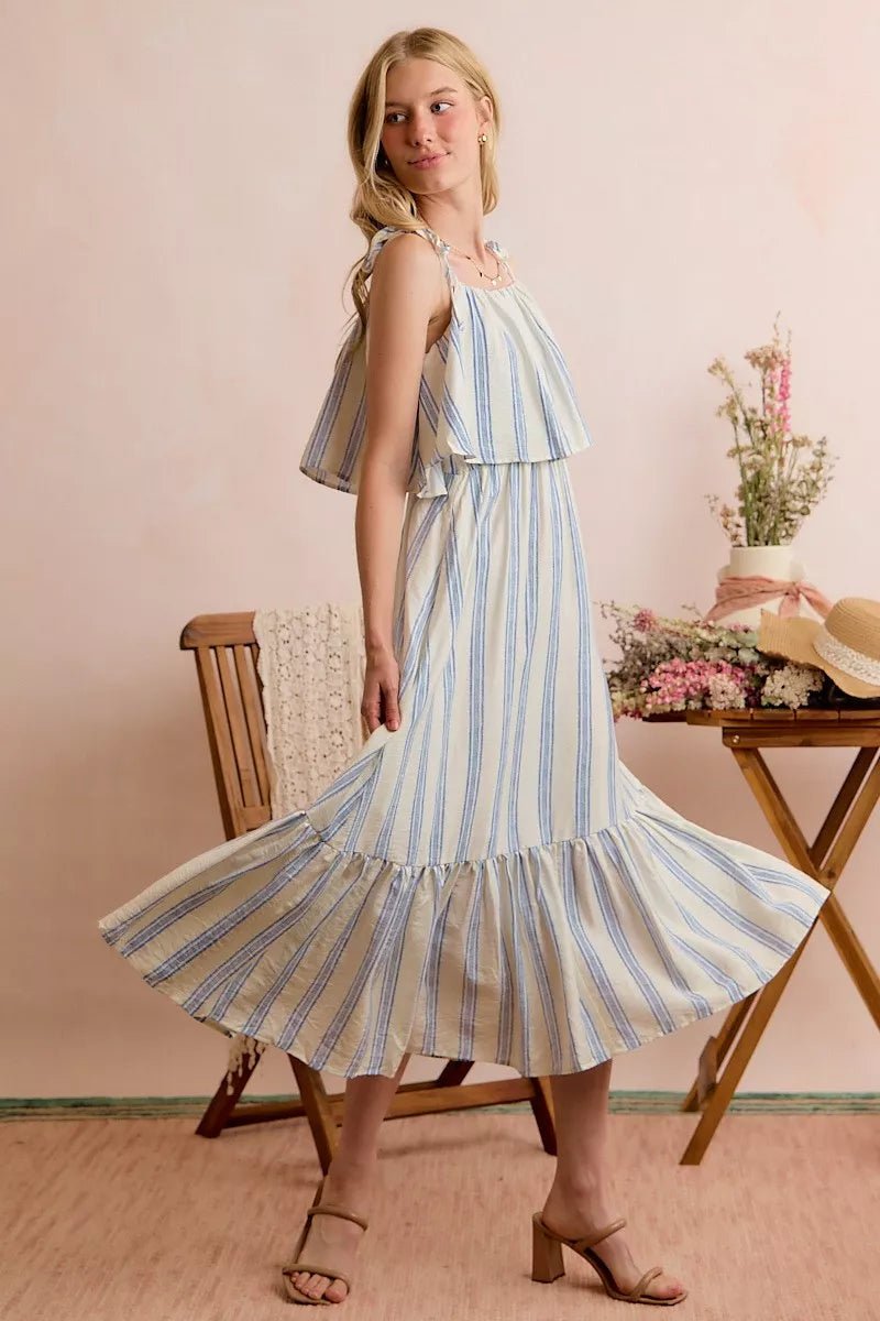 SO ME Stripe Tiered Shoulder Tie Midi Lined Dress - Bitsy Gypsy Boutique