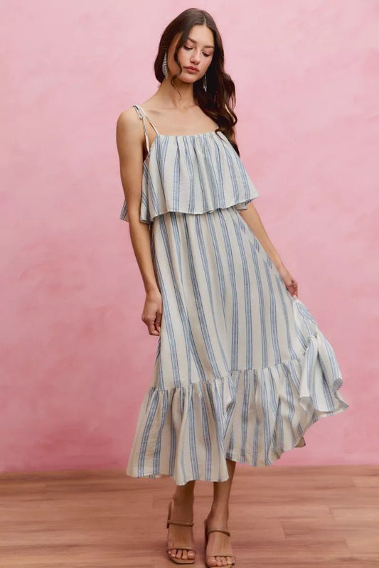 SO ME Stripe Tiered Shoulder Tie Midi Lined Dress - Bitsy Gypsy Boutique
