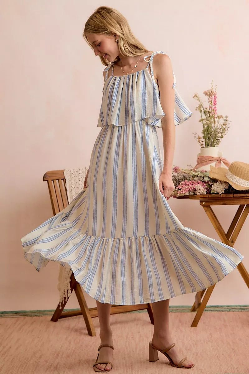 SO ME Stripe Tiered Shoulder Tie Midi Lined Dress - Bitsy Gypsy Boutique