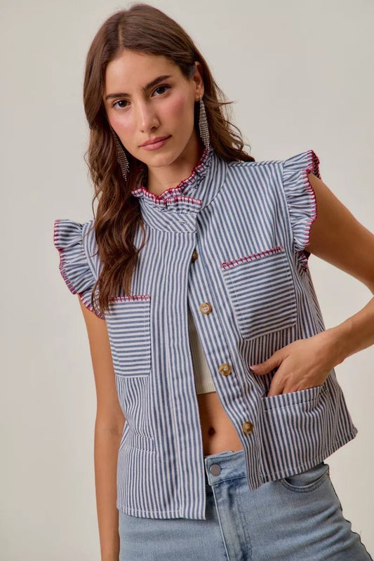 SO ME Stripe Twill Stitch Ruffled Hidden Button Vest Top - Bitsy Gypsy Boutique