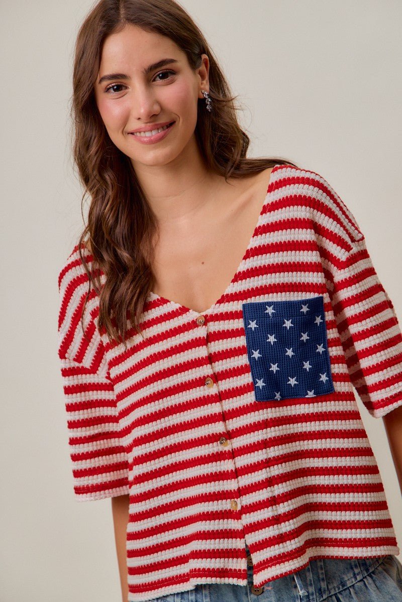 SO ME Stripe Waffle Knit Fourth Of July Cardigan Top - Bitsy Gypsy Boutique
