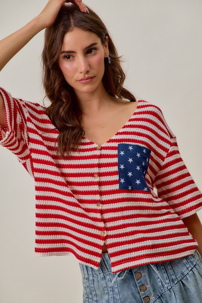 SO ME Stripe Waffle Knit Fourth Of July Cardigan Top - Bitsy Gypsy Boutique