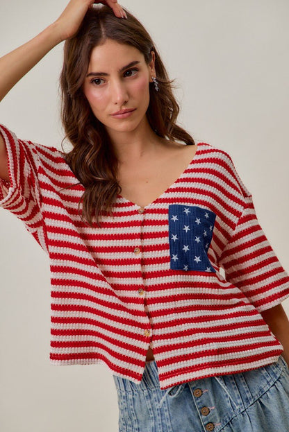 SO ME Stripe Waffle Knit Fourth Of July Cardigan Top - Bitsy Gypsy Boutique