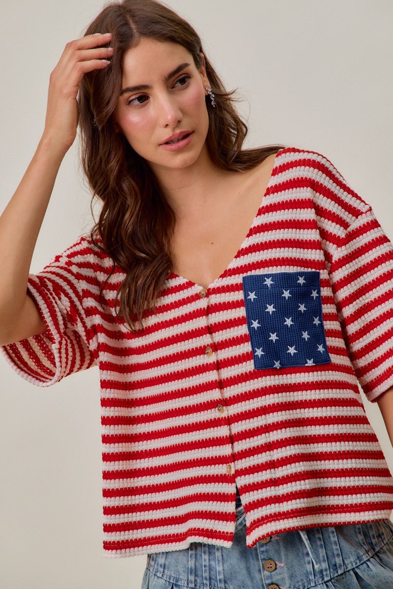 SO ME Stripe Waffle Knit Fourth Of July Cardigan Top - Bitsy Gypsy Boutique
