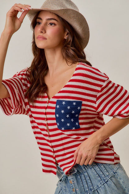 SO ME Stripe Waffle Knit Fourth Of July Cardigan Top - Bitsy Gypsy Boutique