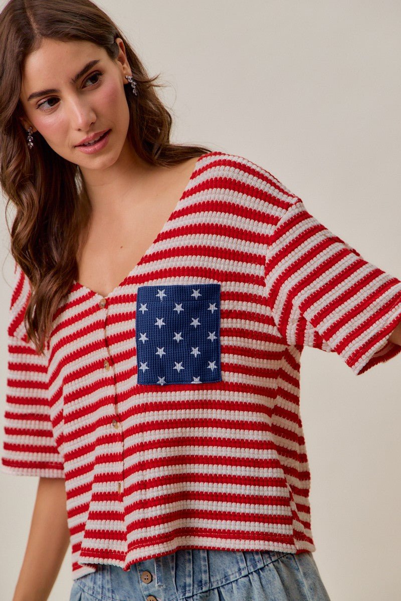 SO ME Stripe Waffle Knit Fourth Of July Cardigan Top - Bitsy Gypsy Boutique