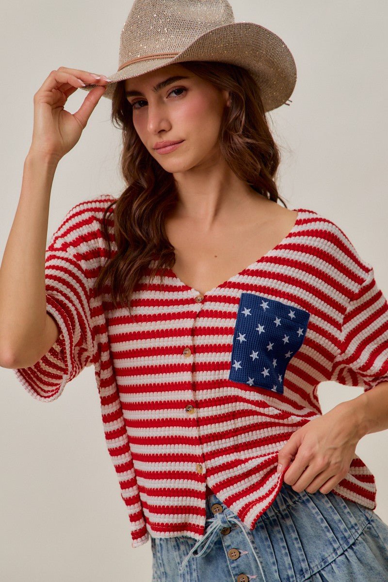 SO ME Stripe Waffle Knit Fourth Of July Cardigan Top - Bitsy Gypsy Boutique