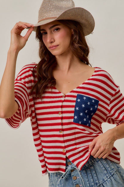 SO ME Stripe Waffle Knit Fourth Of July Cardigan Top - Bitsy Gypsy Boutique