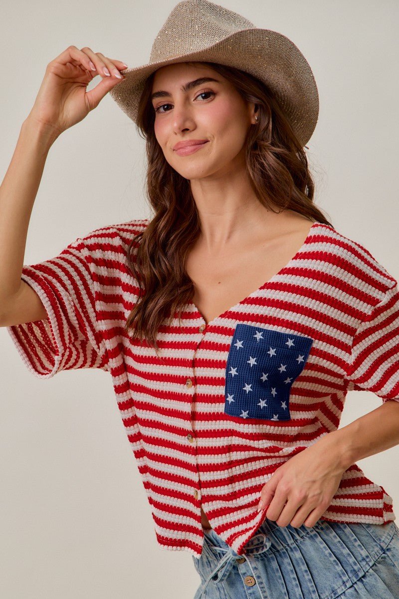 SO ME Stripe Waffle Knit Fourth Of July Cardigan Top - Bitsy Gypsy Boutique