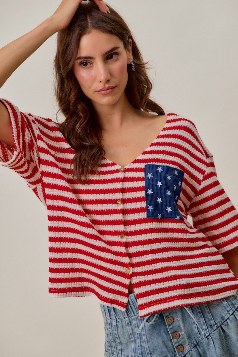 SO ME Stripe Waffle Knit Fourth Of July Cardigan Top - Bitsy Gypsy Boutique